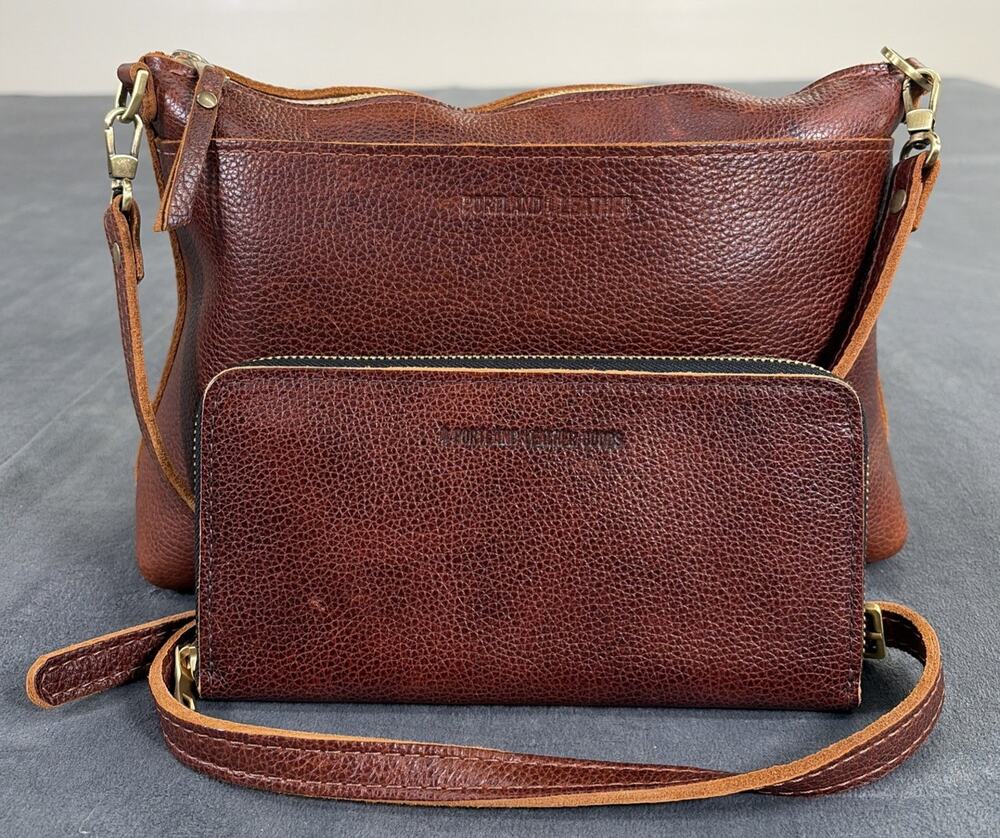 Portland Leather Goods Classic Poppy Crossbody Handbag & Zip Arpund Wallet Chrty